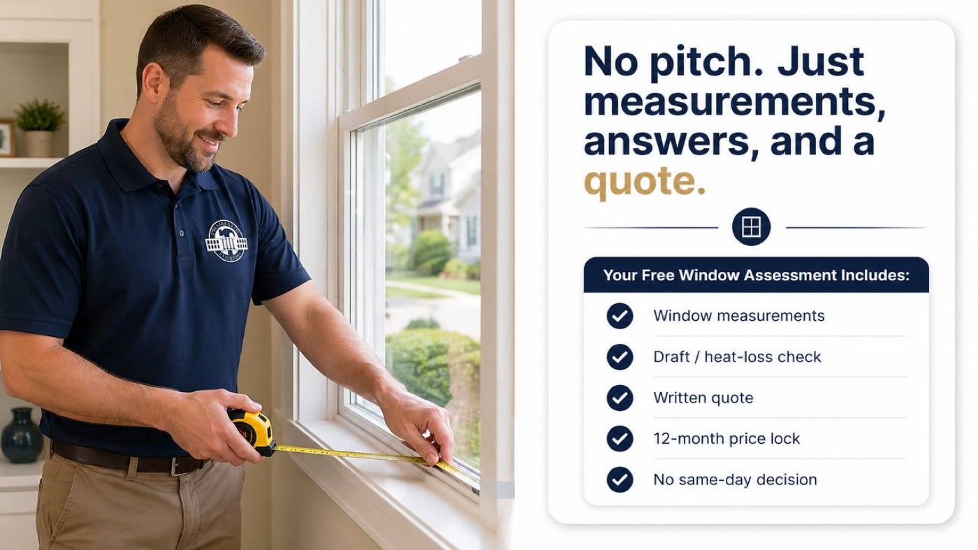 Presidential Exteriors technician measuring a window — No pitch. Just measurements, answers, and a quote.